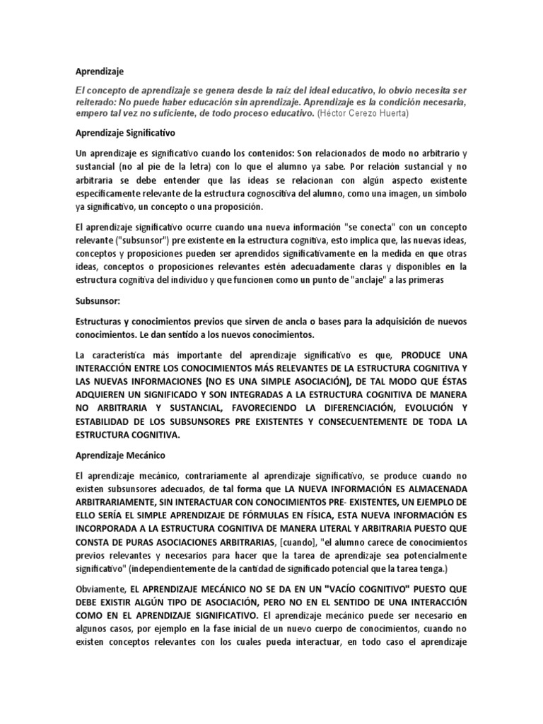 Aprendizaje Significativo y Subsunsores | PDF | Aprendizaje | Epistemología