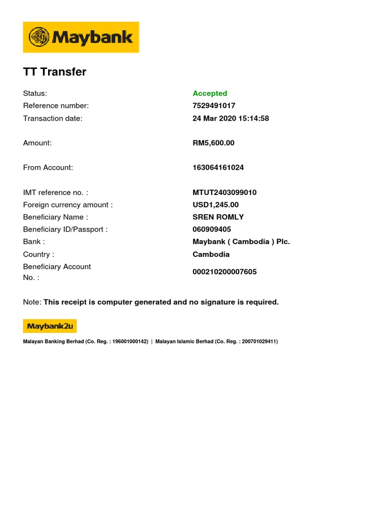 Maybank TT Transfer Receipt Details | PDF