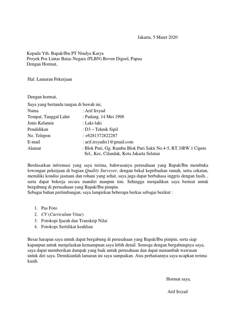 Contoh Lamaran Pekerjaan - Quantity Surveyor | PDF