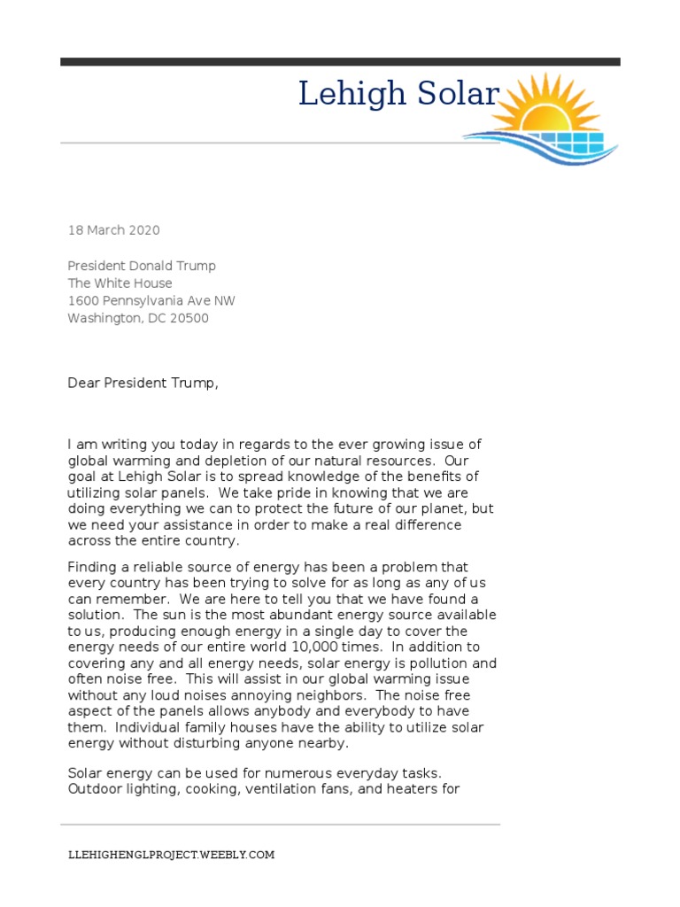 Lehigh Solar Business Letter | PDF | Solar Power | Solar Energy