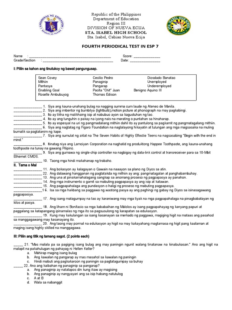 Esp 7 4TH Periodical Test | PDF