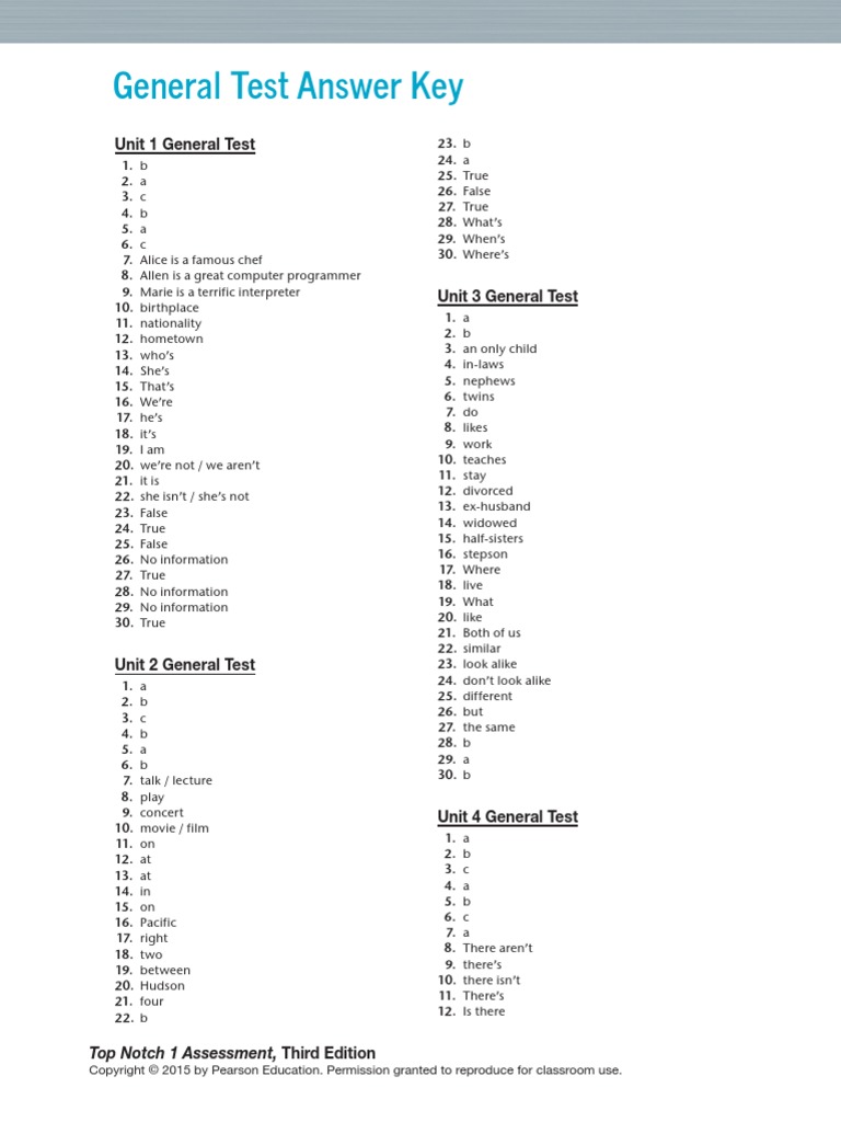 Top Notch 1 Assessment Answer Key PDF PDF Business