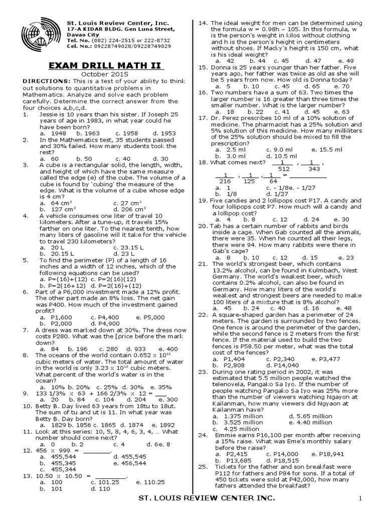 Math Exam Drill Questions 2015 | PDF | Nature | Teaching Mathematics