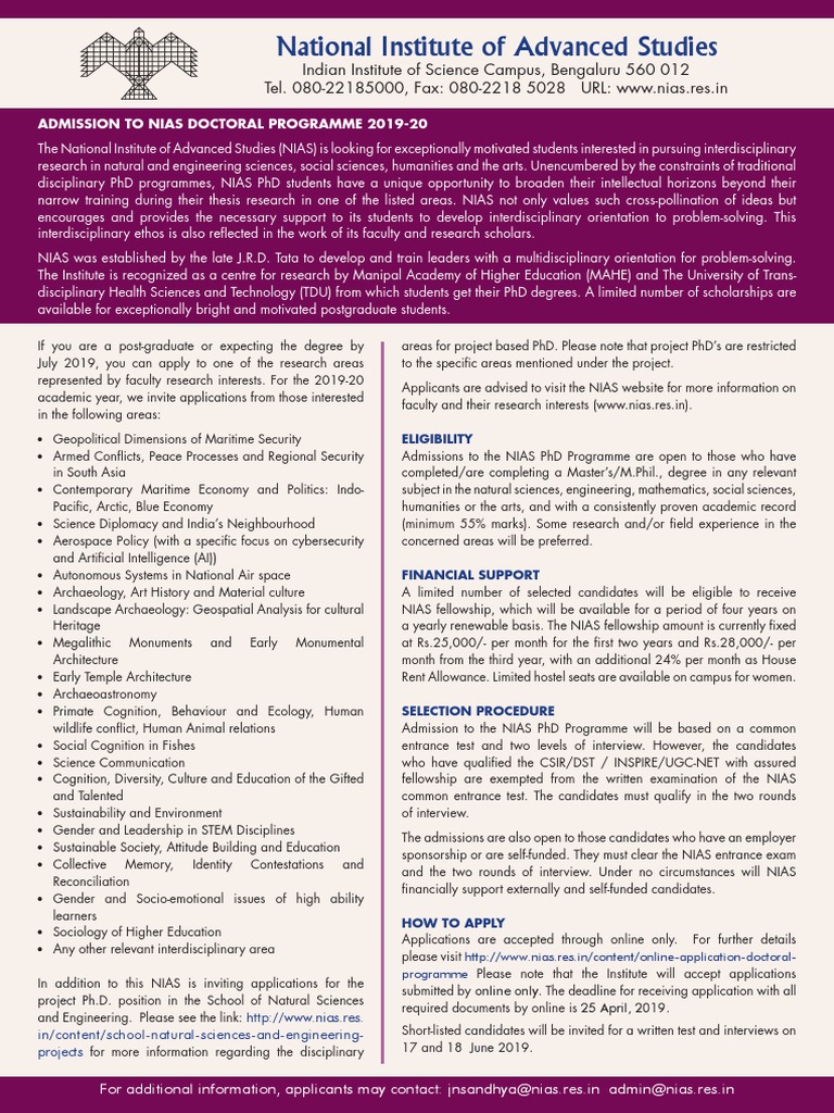 2019 NIAS PHD Announcement | PDF | Doctor Of Philosophy | Postgraduate ...