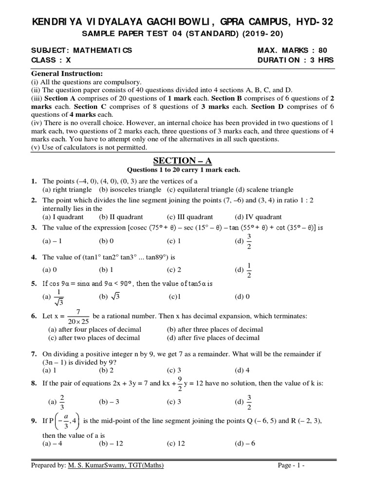 Maths Class X Sample Paper Test 04 For Standard Board Exam 2020 1 PDF ...