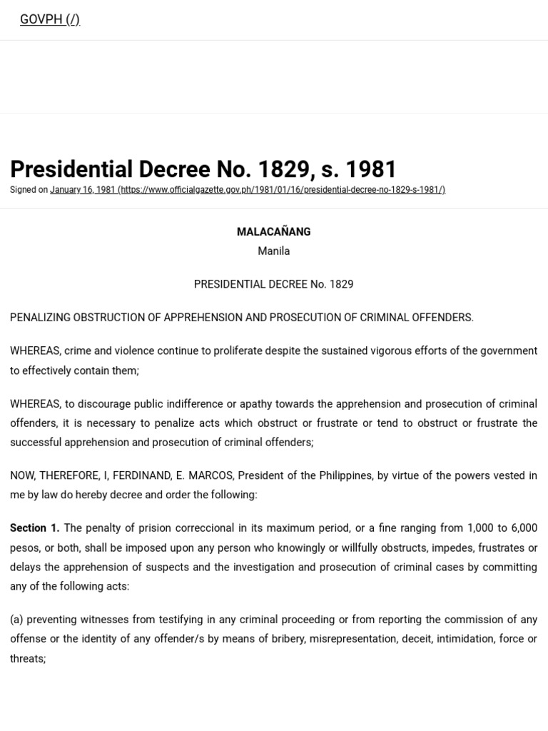 PD 1829: Penalizing Obstruction of Justice | PDF | President Of The ...