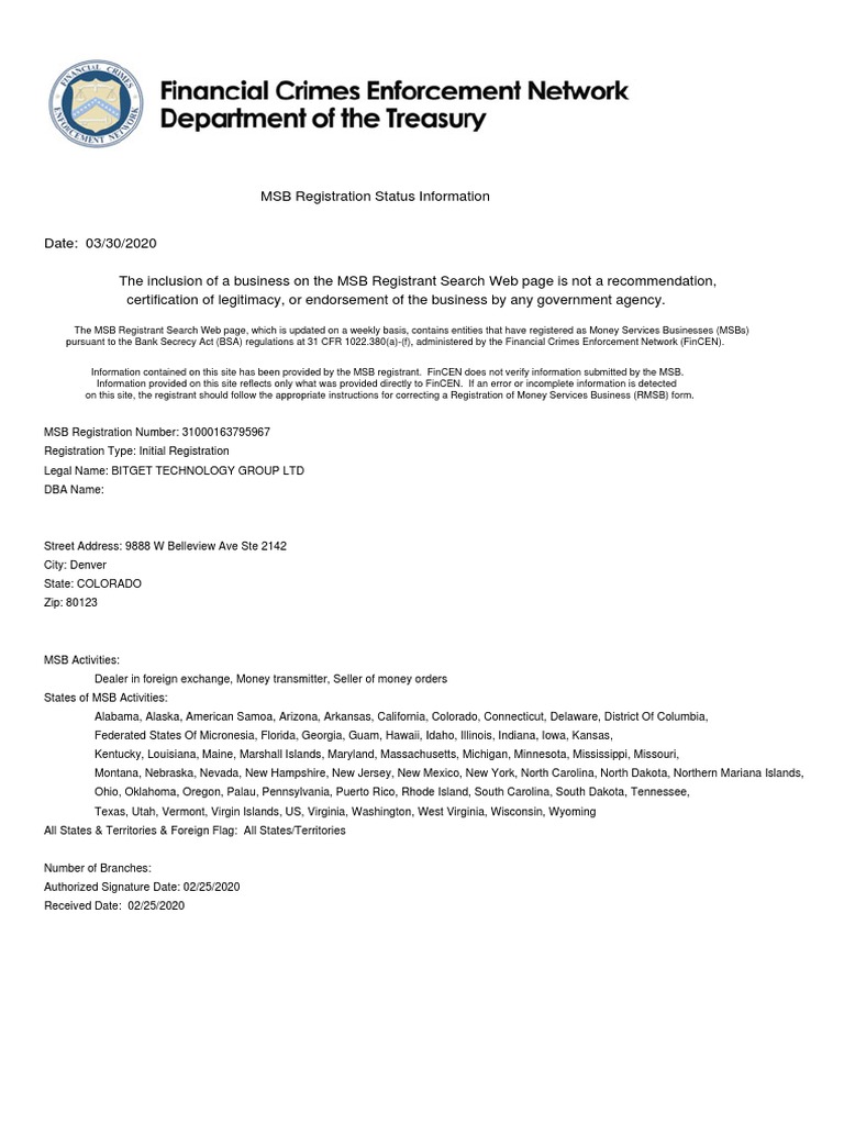 Bitget Technology Group MSB Registration | PDF | Law
