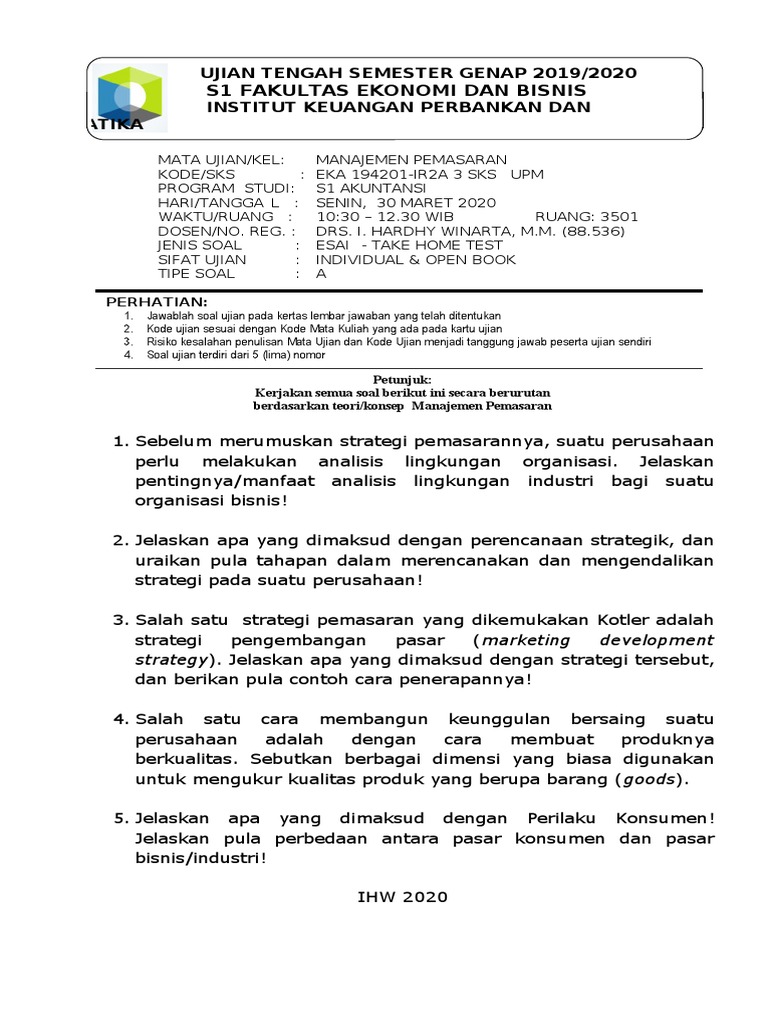 Soal Uts Manajemen Pemasaran 2020 Senin Difa