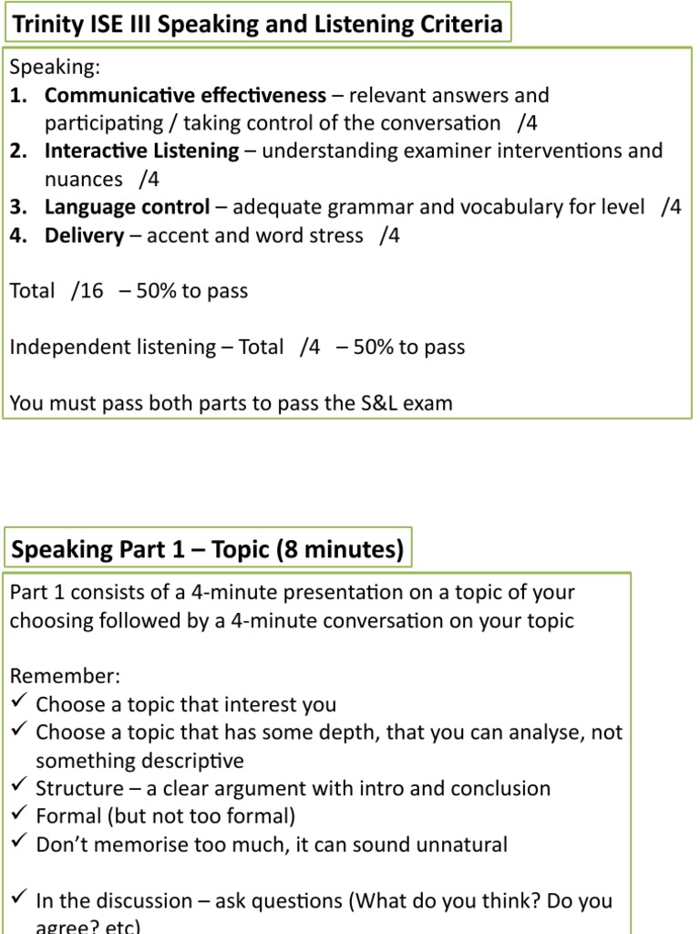 Trinity ISE III Speaking Exam Guide | PDF | Conversation | Communication