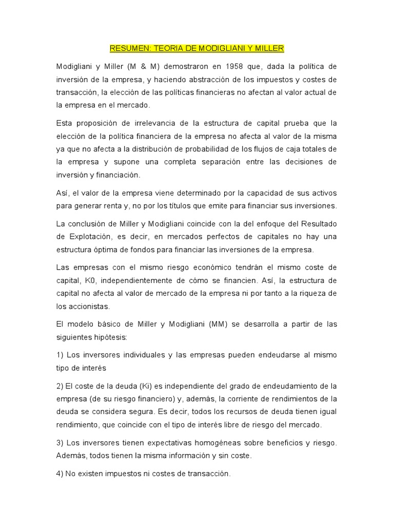Teoria de Modigliani y Miller | PDF | Inversiones | Deuda