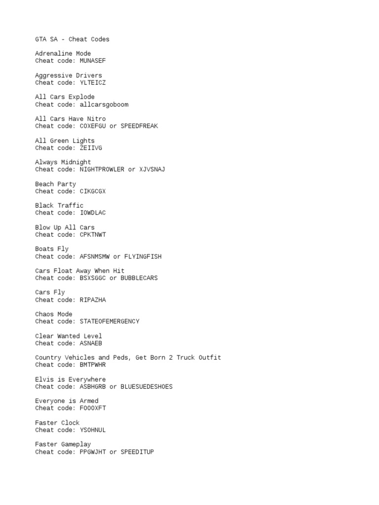 Grand Theft Auto San Andreas - Cheat Codes | PDF | Cheating In Video ...