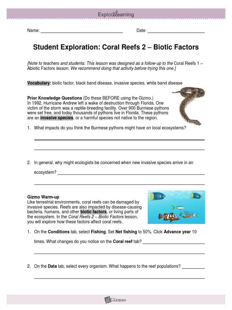 WK 4 Coral Reefs 2 Biotic Factors Student Exploration Gizmo Lab PDF