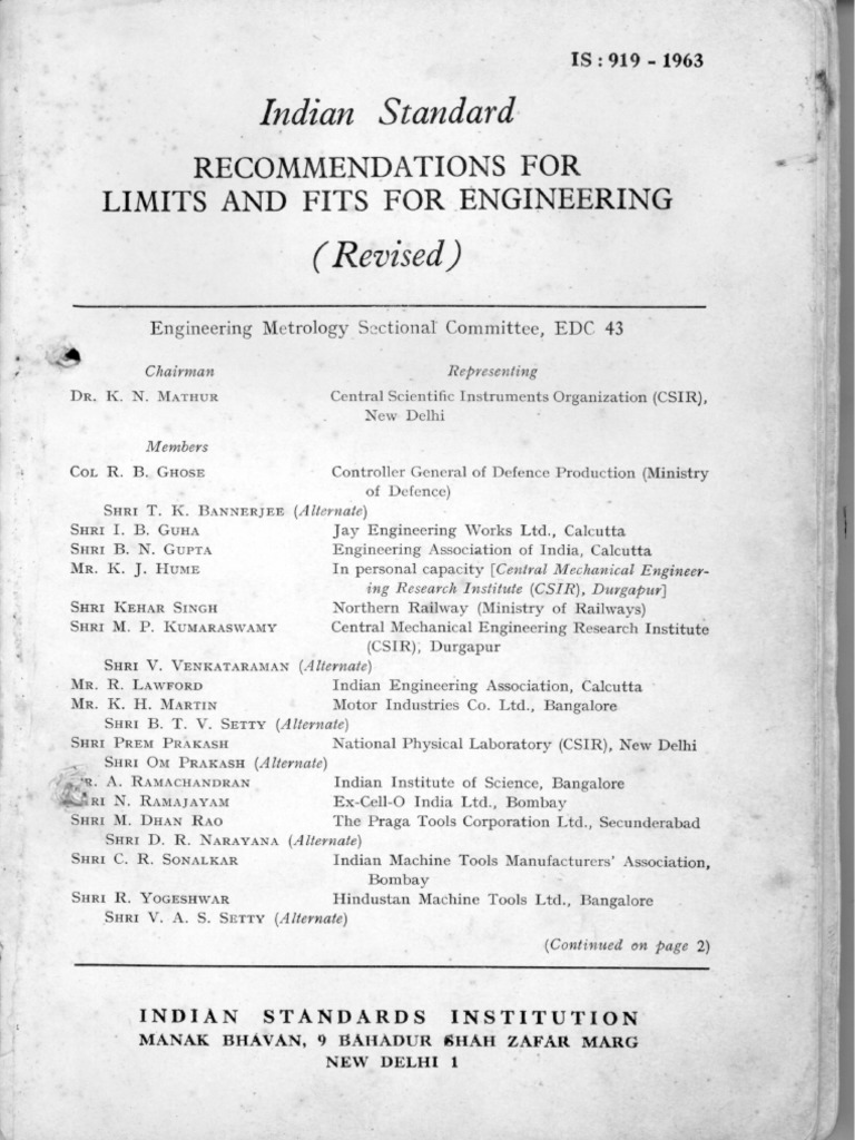 IS 919 - 1963 - (Revised) - Recommendations For Limits & Fits For ...