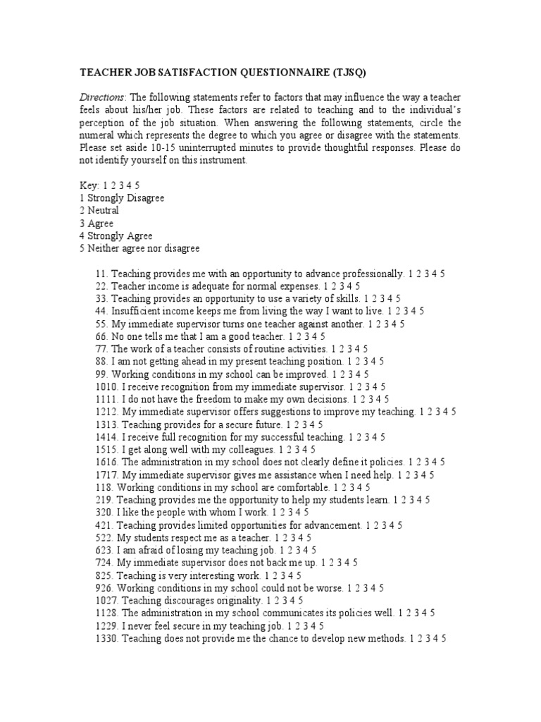 Teacher Job Satisfaction Questionnaire PDF Job Satisfaction Teachers