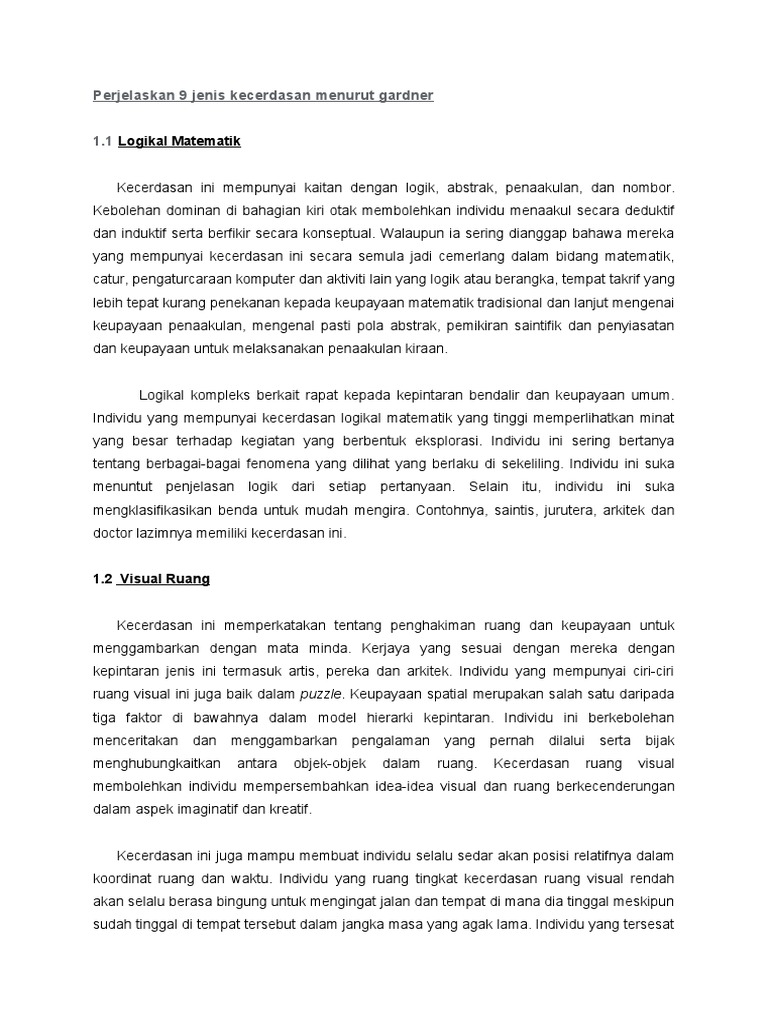 Perjelaskan 9 Jenis Kecerdasan Menurut Gardner Pdf