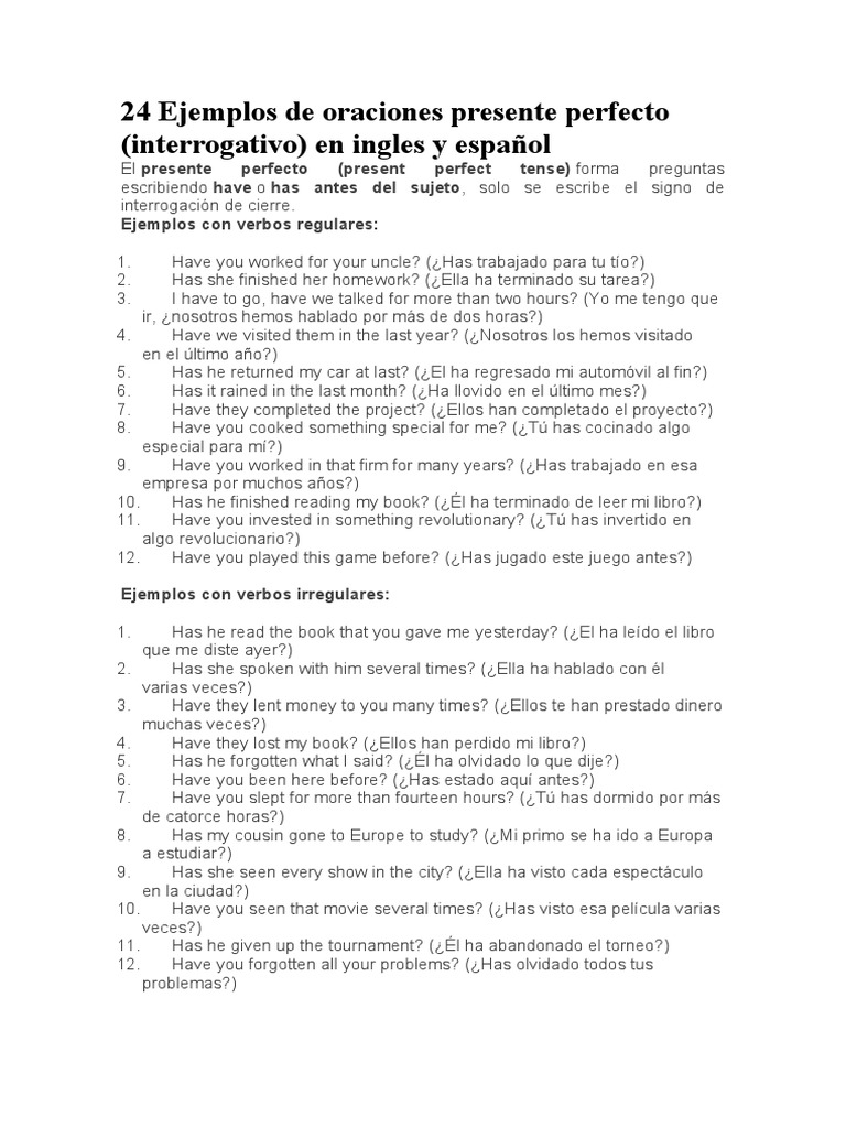 Ejemplos de oraciones en presente perfecto | PDF | Idiomas