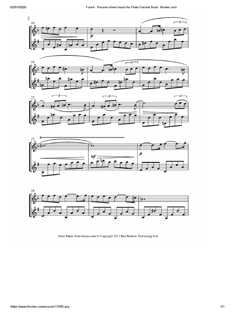 Fauré Pavane Sheet Music For Duet PDF