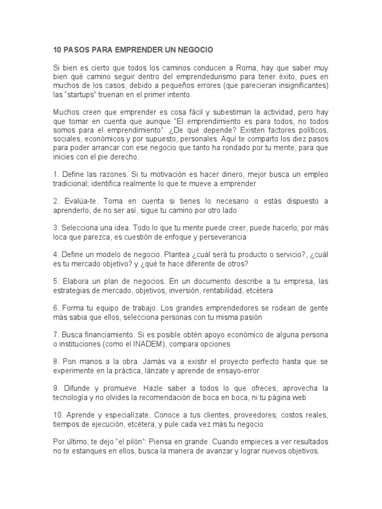 10 Pasos Clave para Emprender un Negocio | PDF | Iniciativa empresarial ...