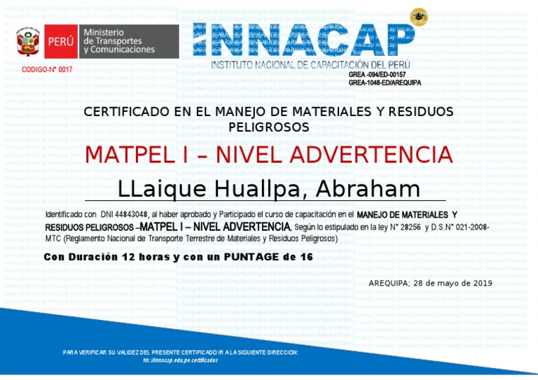 Certificado MATPEL I en Manejo Peligroso | PDF
