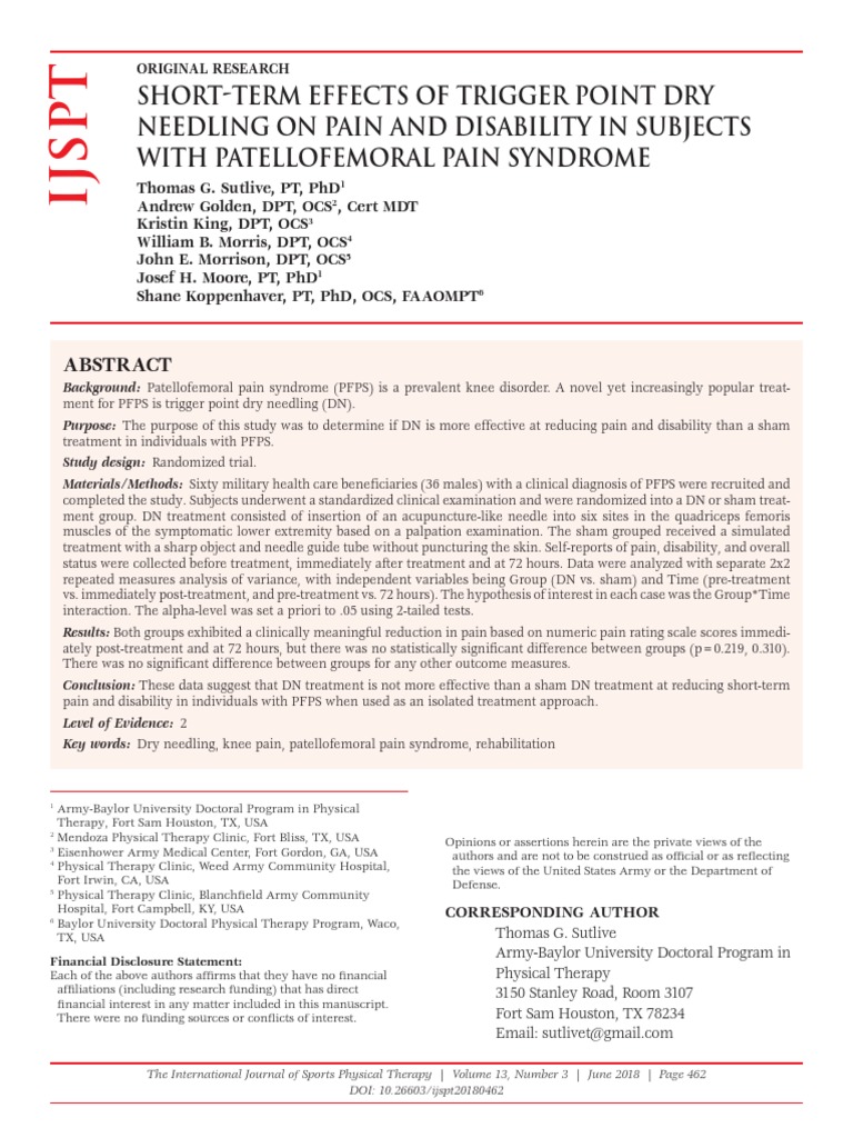 Short Term Effects Of Trigger Point Dry Needling On Pain And Disability In Subjects With Patellofemoral Pain Syndrome Myofascial Trigger Point Acupuncture