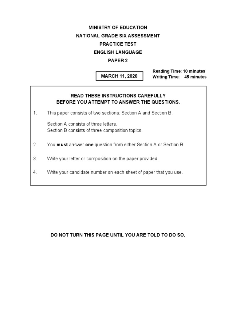 Grade 6 English Assessment Practice Test | PDF | Question | Schools