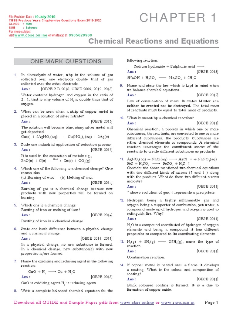 Chemical Reactions and Equations Questions PDF | PDF | Redox | Chemical ...