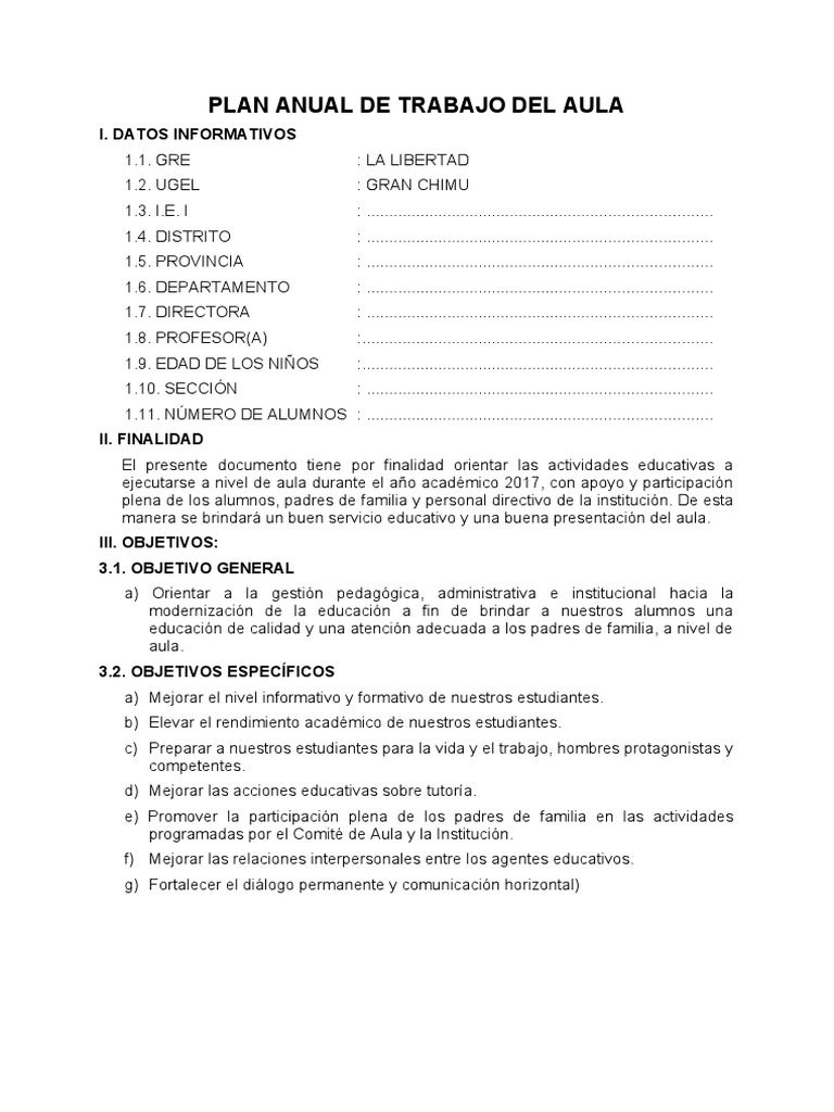 Plan Anual de Aula | PDF | Salón de clases | Evaluación