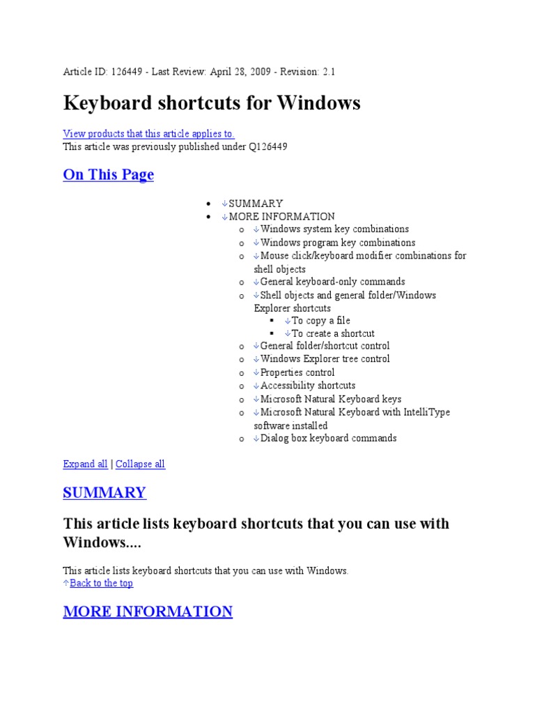 Windows Shortcuts | PDF | Keyboard Shortcut | Window (Computing)