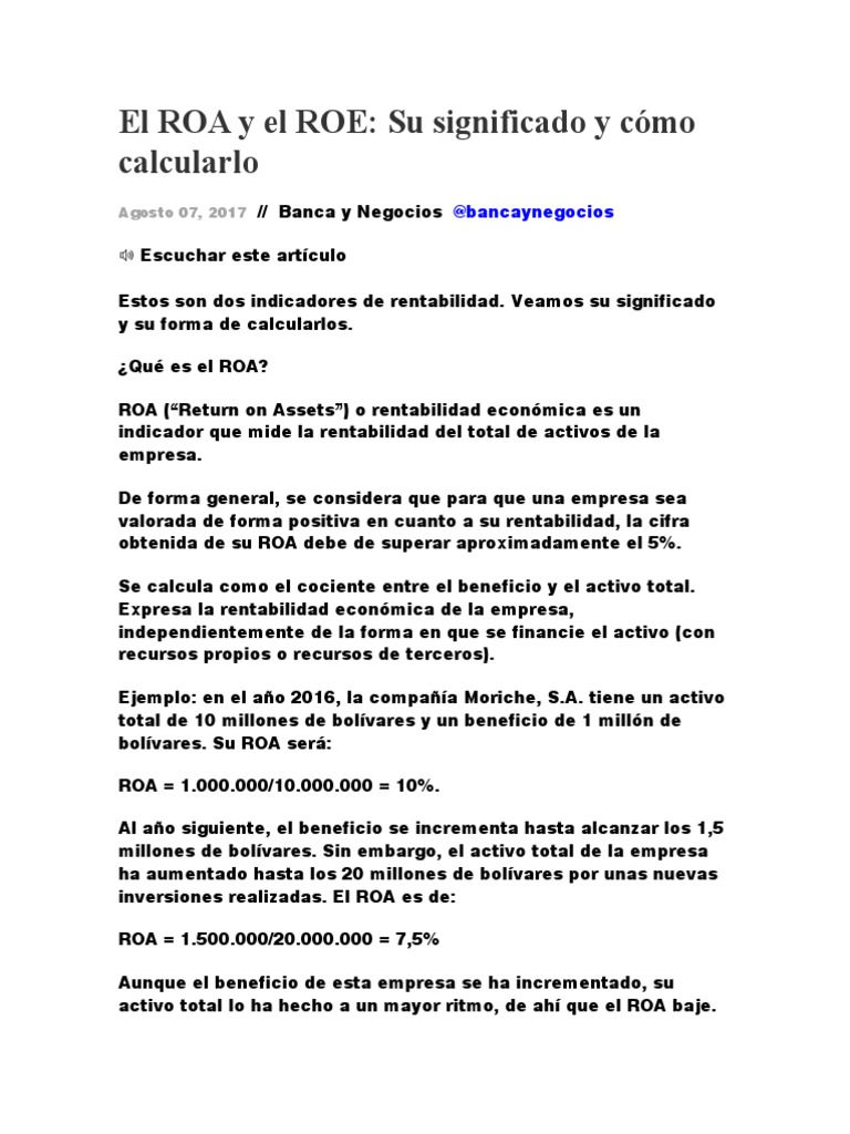 ROA y ROE: Significado y Cálculo | PDF | Rentabilidad sobre recursos ...