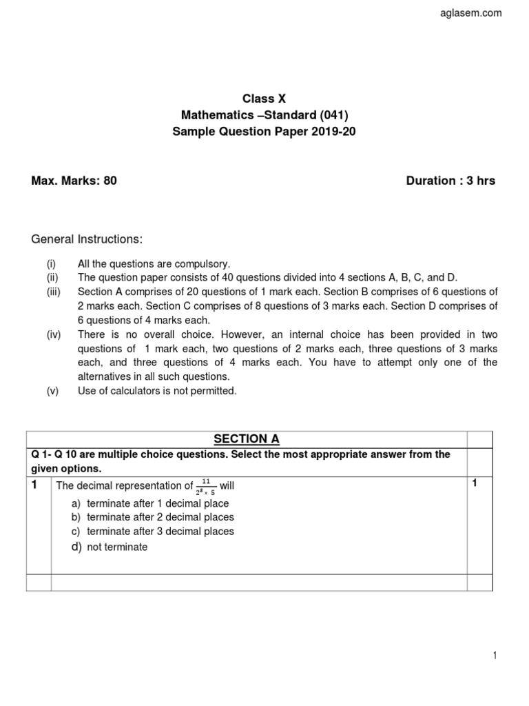 CBSE Sample Paper 2020 For Class 10 Mathematics Standard | PDF | Circle ...
