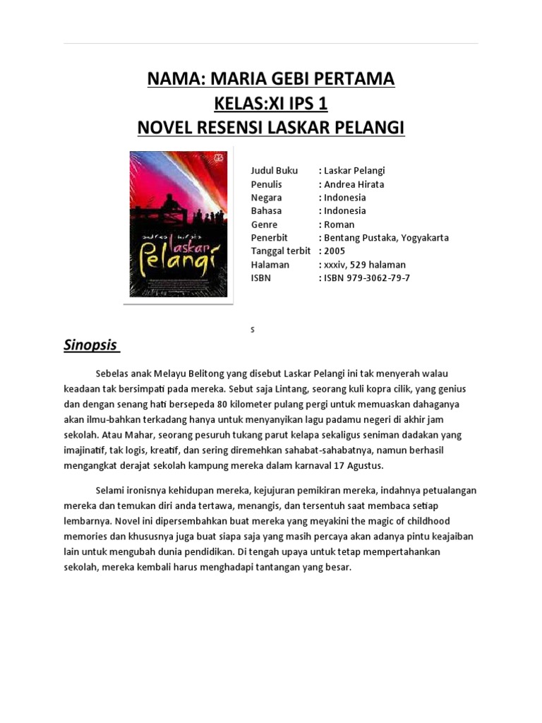 Resensi Novel Laskar Pelangi