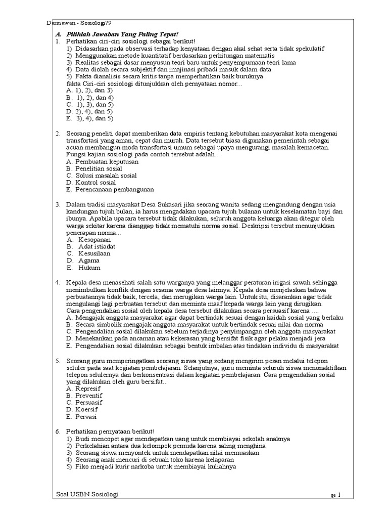 Soal Usbn Sosiologi Pilihan Ganda