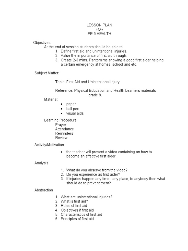 LESSON PLAN For First Aid PDF First Aid Lesson Plan