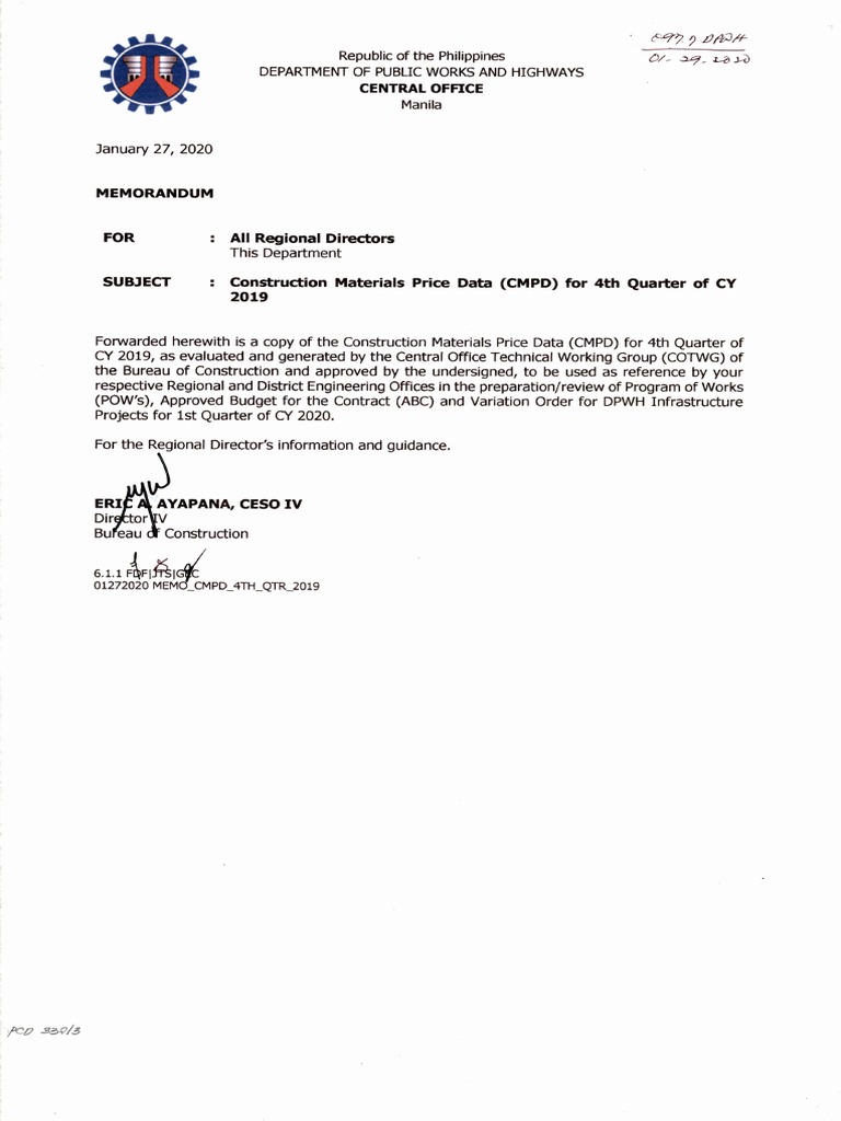 DPWH Construction Materials Price Data 2019 PDF Government Business