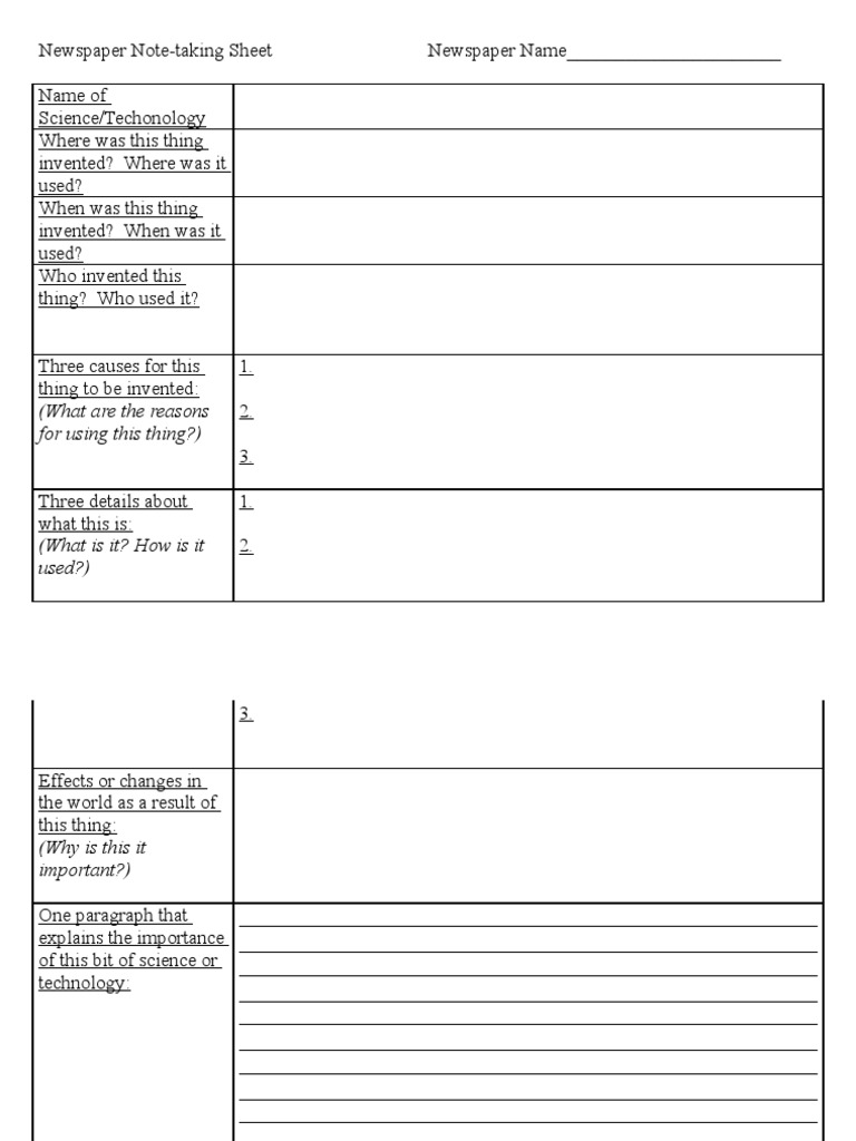 Newspaper Note-taking Template | PDF | Writing | Written Communication
