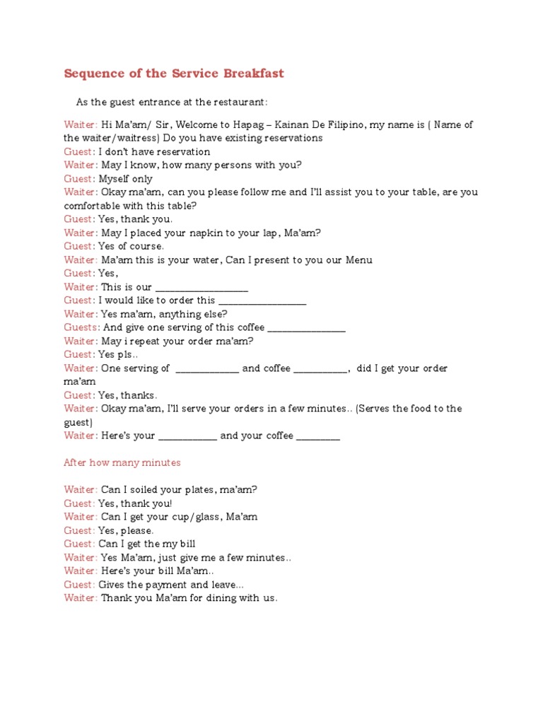 Breakfast Service Sequence Script | PDF