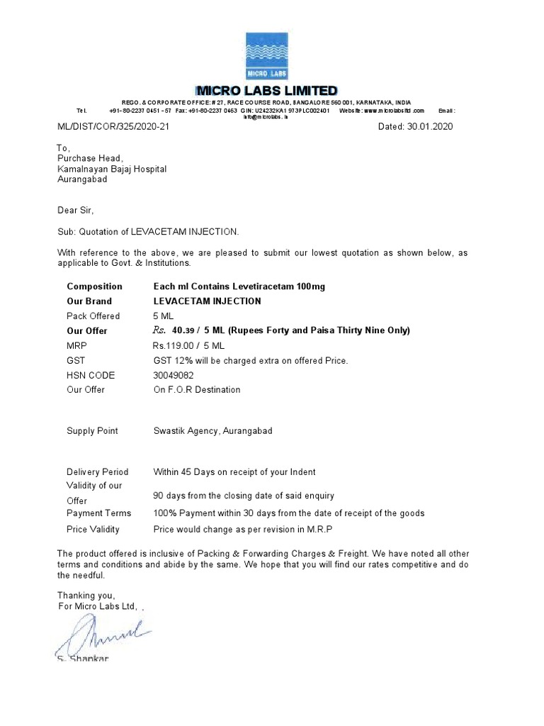 Quotation for Levetiracetam Injection | PDF