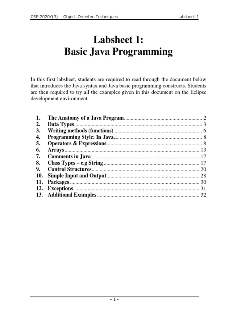 Labsheet - 1 - Basic - Java - Programming | PDF | Method (Computer ...
