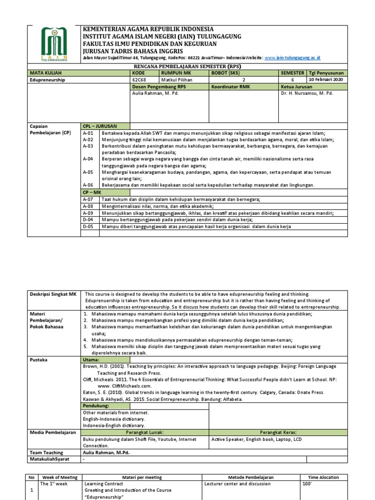 RPS Mata Kuliah Edupreneurship | PDF