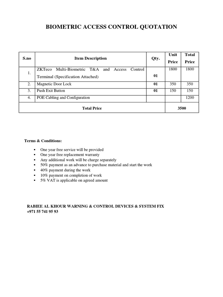 Biometric Access Control Quotation | PDF