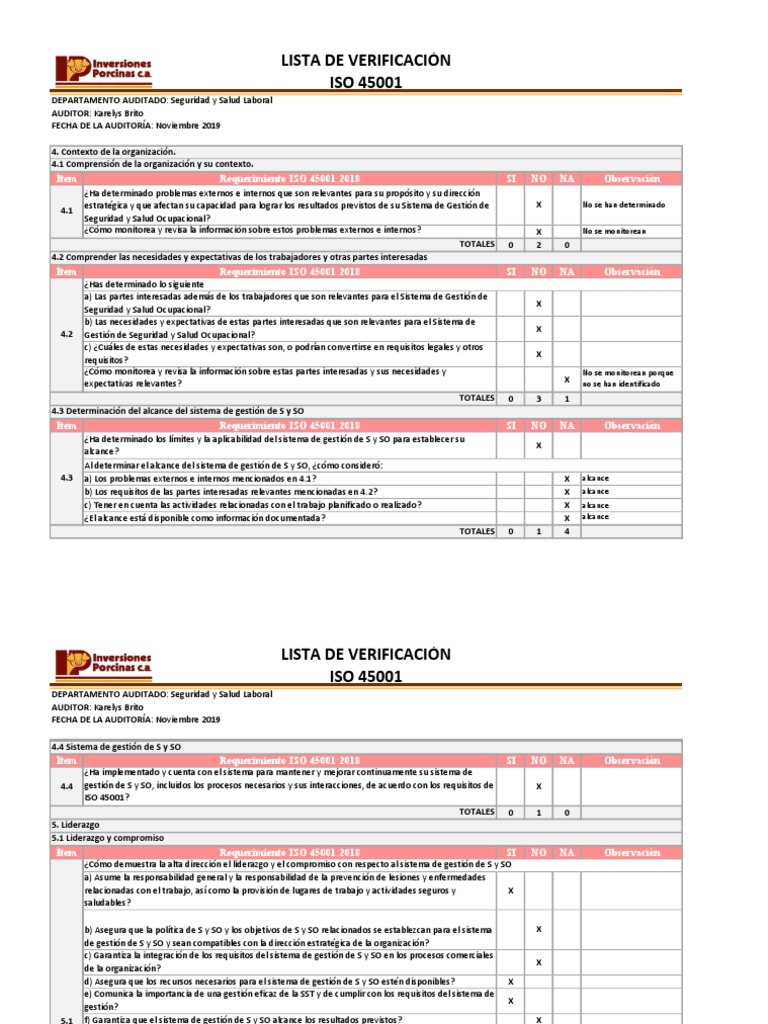 Lista de Verificación ISO 45001 | PDF | Seguridad y salud ocupacional ...