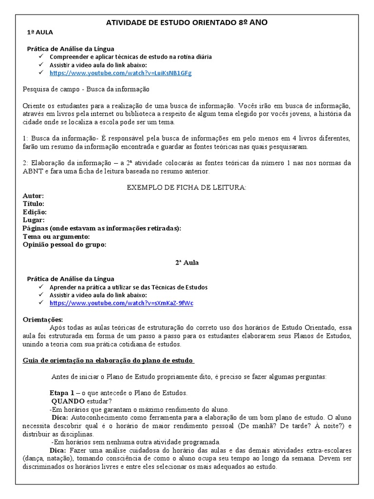 ATIVIDADE DE ESTUDO ORIENTADO 8º ANO Ok | PDF | Tempo | Matéria
