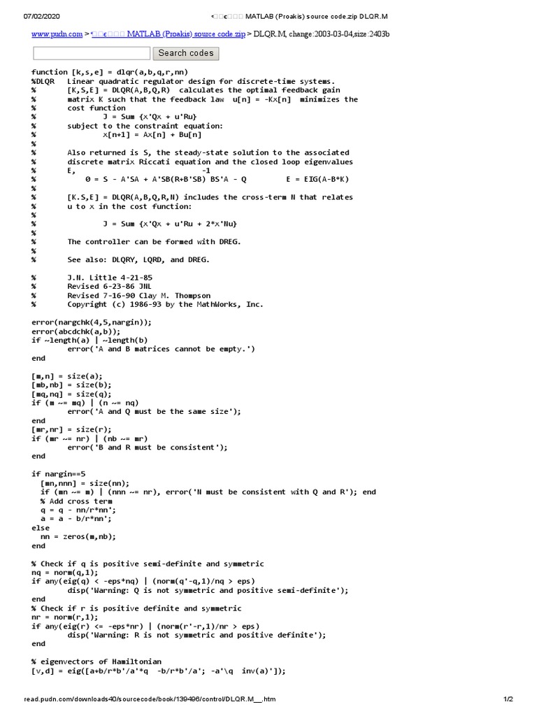 DLQR Matlab | PDF | Functional Analysis | Numerical Analysis