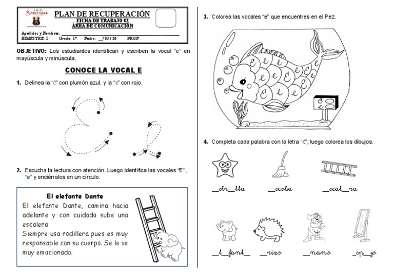 Actividades de lectura con la vocal E | PDF | Artes del Lenguaje y ...