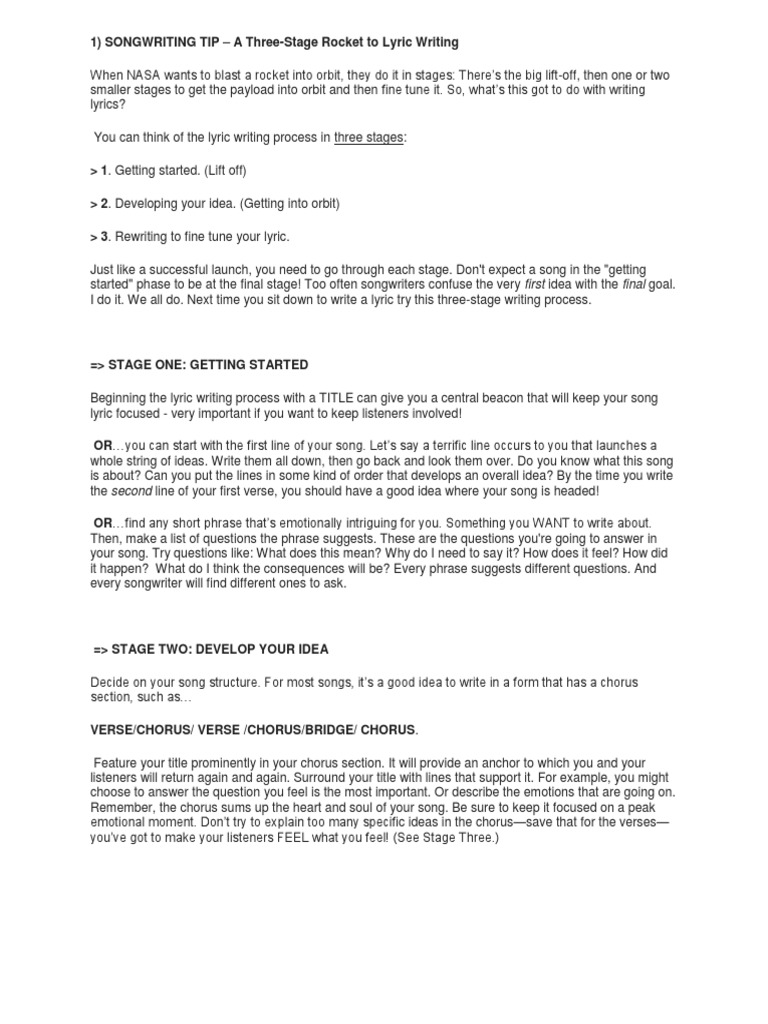 Three Stages of Lyric Writing | PDF | Refrain | Song Structure