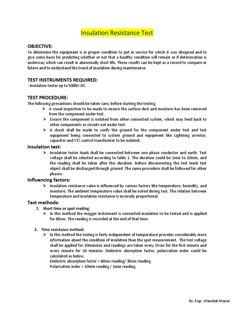 Insulation Resistance Testing Procedures | PDF | Electrical Resistance ...