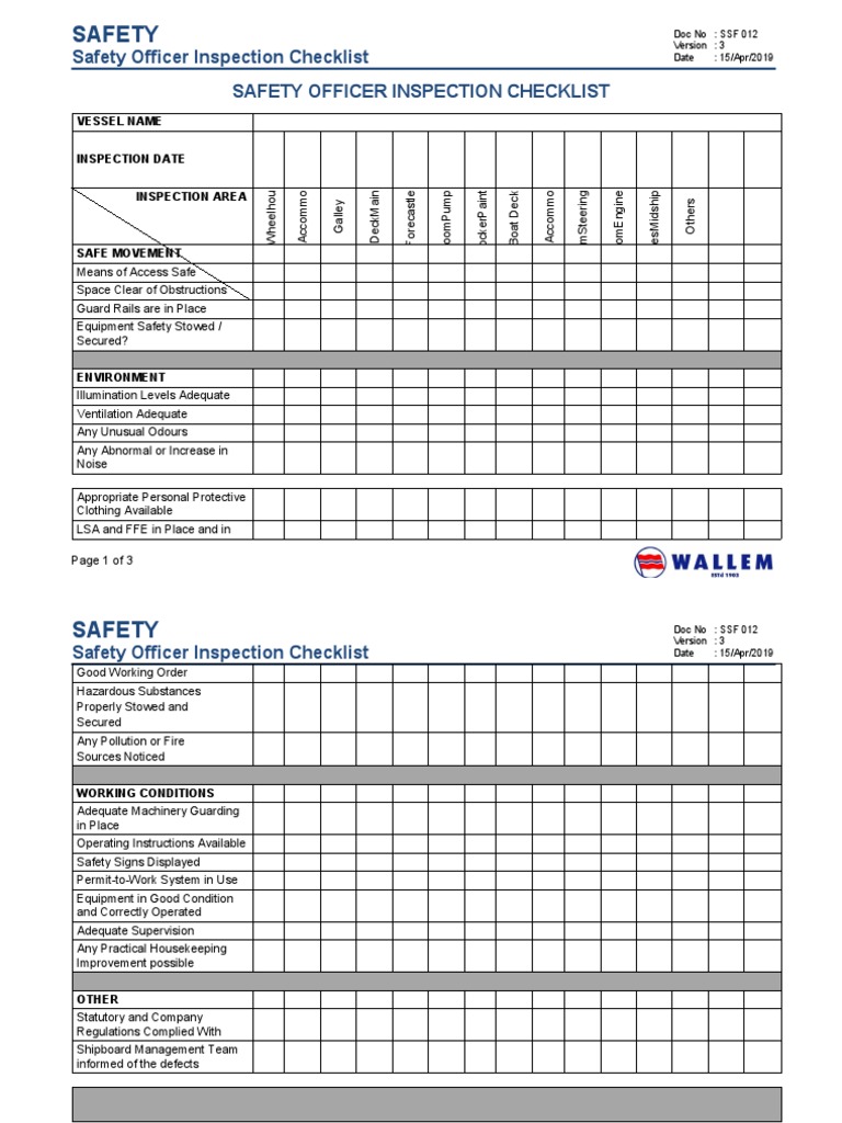 Safety Officer Inspection Checklist | PDF | Safety | Occupational ...