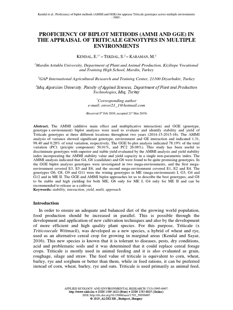 Proficiency Of Biplot Methods Ammi And Gge Rye Principal Component Analysis