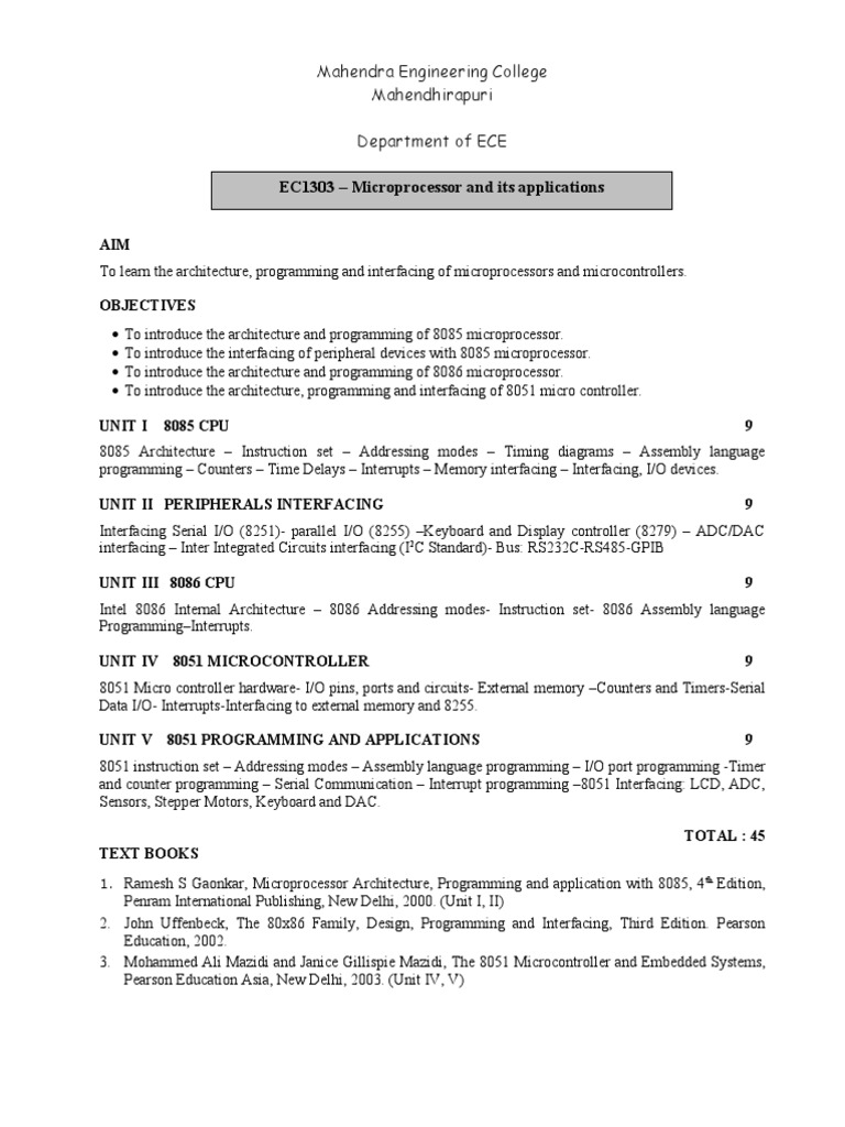 EC1303 - Microprocessor and Its Applications: Mahendra Engineering ...