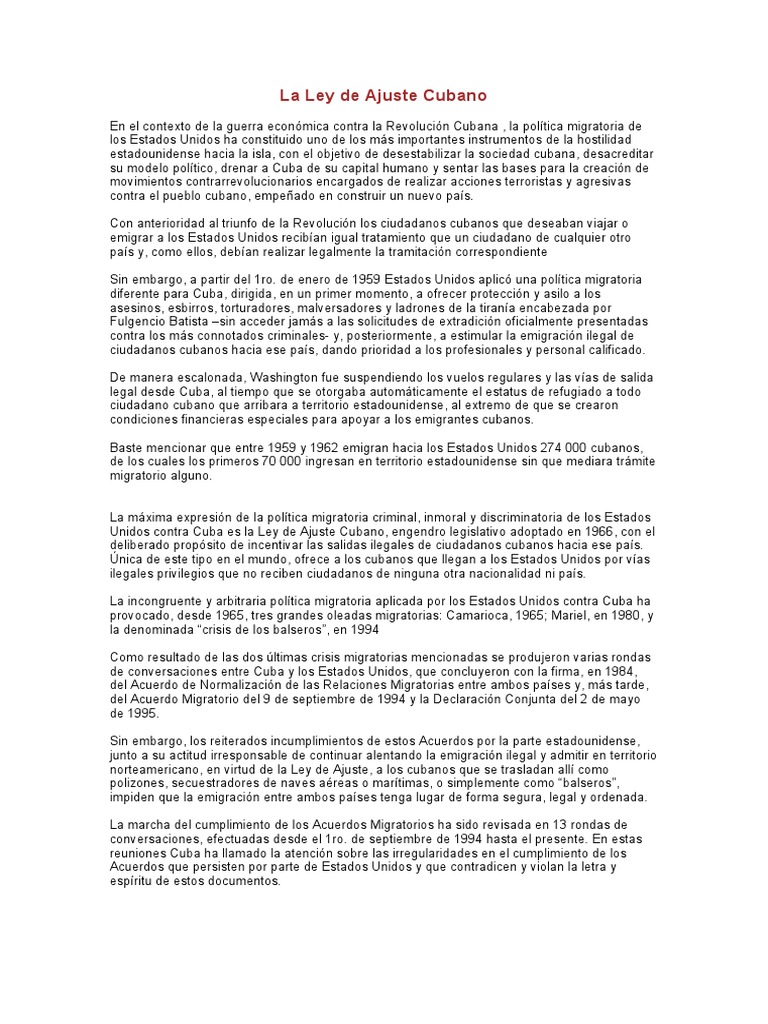 La Ley de Ajuste Cubano PDF Cuba Revolución cubana